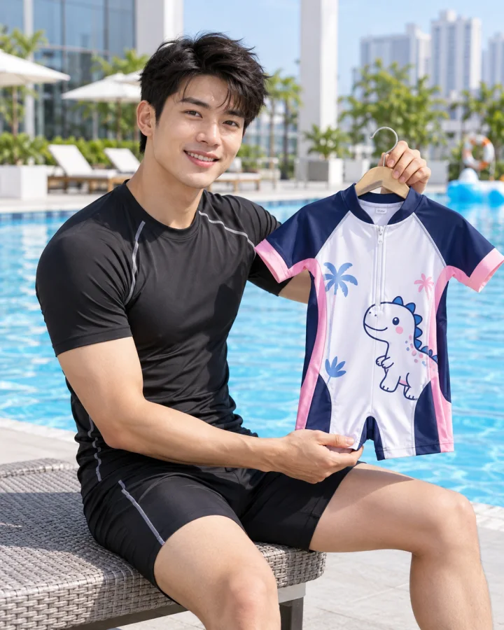 Bộ bơi trẻ em SKID-1 khủng long trắng – Dáng ôm gọn